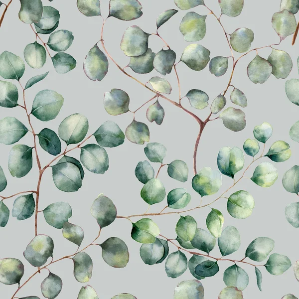 Watercolor silver dollar eucalyptus realistic seamless pattern. Hand painted beautiful eucalyptus branch isolated on blue background. Floral illustration for design, print, fabric or background. — Stock Photo, Image