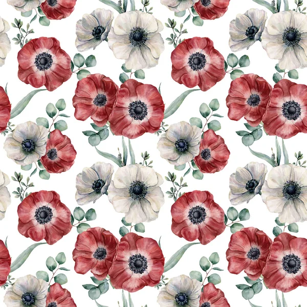 Akvarell, vörös és fehér anemone varrat nélküli mintát. Kézzel festett colorul virágok, eukaliptusz levelek elszigetelt fehér background. Ábrán a tervezés, a szövet, a nyomtatás vagy a háttér. — Stock Fotó