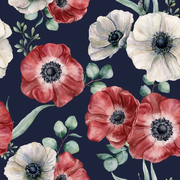 Akvarelu anemone bezešvé vzor na tmavě modrém pozadí. Ručně malované izolované červené a bílé květiny, eucalyptus listy. Ilustrace pro design, tkaniny, tisk nebo pozadí. — Stock fotografie