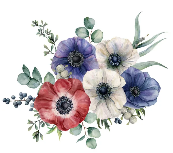 Suluboya mavi, kırmızı ve beyaz anemon çiçeği buketi. El colorul çiçekler, brunia ve kurtbağrı berry, beyaz arka plan üzerinde izole Okaliptüs yaprakları boyalı. Gösterim amacıyla tasarım, yazdırma veya arka plan. — Stok fotoğraf
