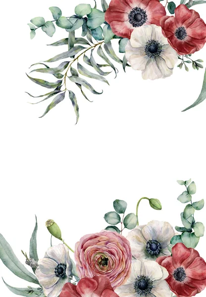 Akvarell anemone virágos kártya. Kézzel festett vörös és fehér virágok, eukaliptusz levelek elszigetelt fehér background. Ábrán a tervezés, a szövet, a nyomtatás vagy a háttér. — Stock Fotó