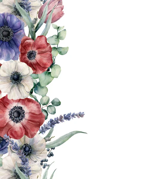 Cartão floral aquarela com vermelho, azul anêmona branca. Buquê pintado à mão com anêmona vermelha, branca e azul, folhas e galhos de eucalipto, lavanda, tulipa, bagas isoladas em fundo branco . — Fotografia de Stock
