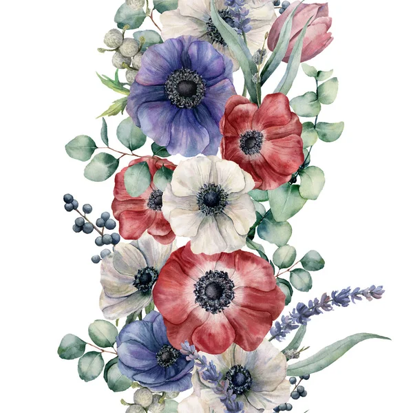 Aquarell nahtlose florale Bordüre. Handbemalter Strauß mit roter, weißer und blauer Anemone. Eukalyptusblätter und -zweige, Lavendel, Tulpe, Beeren isoliert auf weißem Hintergrund. botanischer Druck — Stockfoto