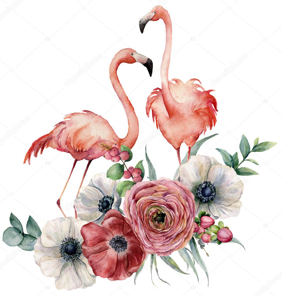 Watercolor flamingo with ranunculus bouquet. Hand painted exotic birds with anemone, eucalyptus leaves and branch isolated on white background. Wildlife illustration for design, print or background.