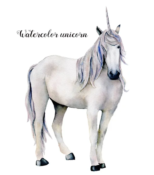 Unicórnio branco elegante aquarela. Cavalo mágico pintado à mão isolado no fundo branco. Design de ilustração de personagem de conto de fadas, tecido, cartão, impressão ou fundo . — Fotografia de Stock