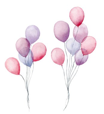 Suluboya hava balonu. El Beyaz arka plan üzerinde izole parti pembe, mavi, mor balonu sürüsü boyalı. Tebrik dekor