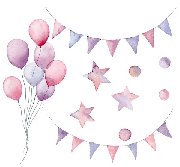 Akvarell på födelsedagen set. Handmålade pastell luftballong, flagga girlander, stjärnor och konfetti isolerad på vit bakgrund. Festlig inredning för design, skriva ut eller bakgrund — Stockfoto