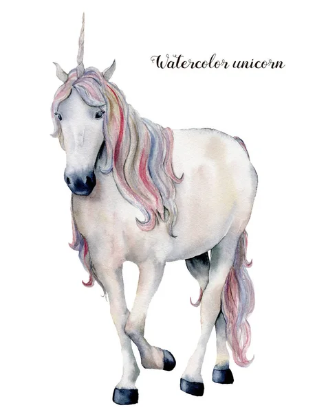 Aquarel witte Eenhoorn met regenboog haren. Handgeschilderde magische paard geïsoleerd op een witte achtergrond. Fairytale Characterdesign illustratie, stof, kaart, afdrukken of achtergrond. — Stockfoto