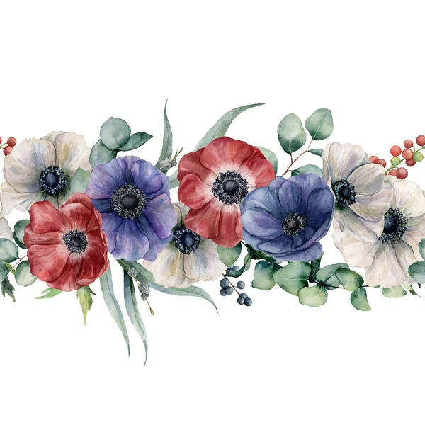 Akvarell zökkenőmentes vízszintes virágos határ. Kézzel festett csokor piros, fehér és kék anemone, eukaliptusz levelek és ág, bogyók, elszigetelt fehér background. Botanikai illusztráció — Stock Fotó