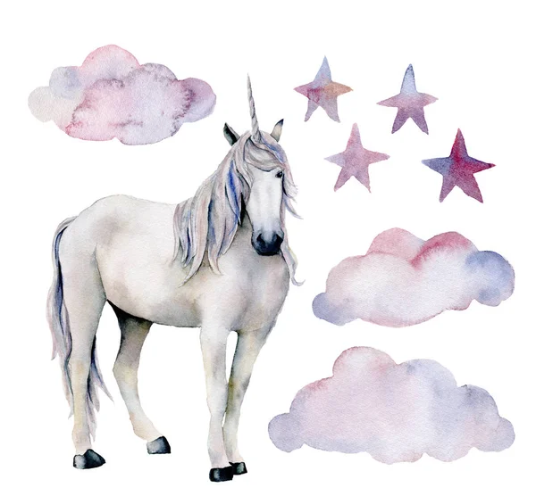 Conjunto de aquarela com unicórnio branco. Cavalo mágico pintado à mão, nuvens e estrelas isoladas em fundo branco. Design de ilustração de personagem de conto de fadas, tecido, cartão, impressão ou fundo . — Fotografia de Stock