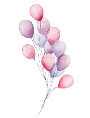 Suluboya hava balon paketi. El Beyaz arka plan üzerinde izole parti pembe, mavi, mor balonu boyalı. Dekor baskı için tasarım ya da arka plan tebrik