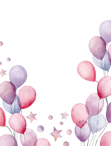 Biglietto di compleanno ad acquerello. Biglietto d'auguri dipinto a mano con palloncini d'aria, stelle e coriandoli isolati su sfondo bianco. Design di invito per la stampa o lo sfondo . — Foto Stock