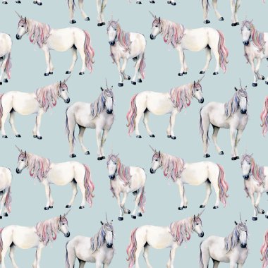 Sulu boya tek boynuzlu at seamless modeli. El masal beyaz at plue arka plan üzerinde izole boyalı. Baskı, kumaş ya da tasarım için sihirli duvar kağıdı.