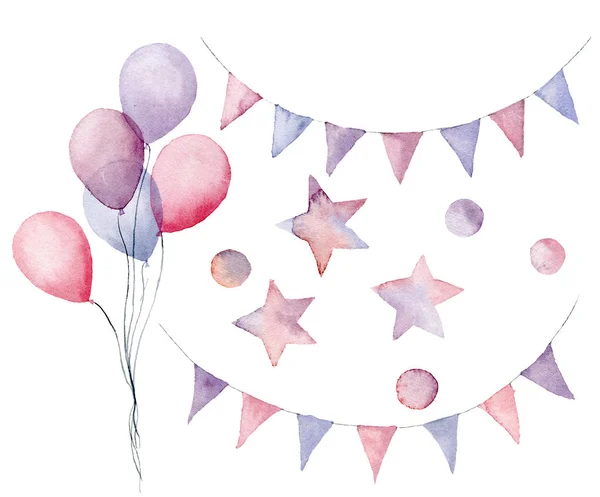 Akvarell på födelsedagen med pastellfärgade element. Handmålade air ballonger, flagga girlander, stjärnor och konfetti isolerad på vit bakgrund. Festlig inredning för design, skriva ut eller bakgrund — Stockfoto