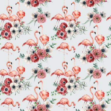 Watercolor pink flamingo with ranunculus and anemone seamless pattern. Hand painted exotic birds with eucalyptus leaves isolated on blue background. Wildlife illustration for design or background. clipart