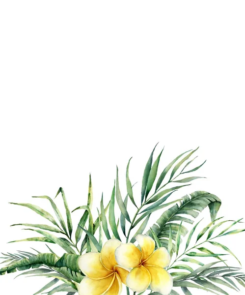 Akvarell blommig tropiska kort med plumeria och palm filial. Handmålade frangipani, eukalyptus och palm blad isolerad på vit bakgrund. Illustration för design, print, tyg eller bakgrund. — Stockfoto