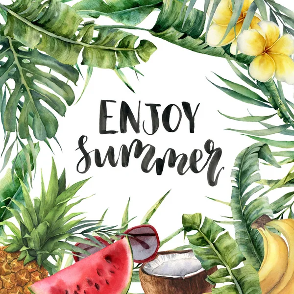 Aquarel Enjoy zomer kaart met watermeloen. Hand geschilderd bloemen illustratie met banaan en kokos palm takken plumeria, zonnebril, kokosnoot geïsoleerd op een witte achtergrond voor ontwerper print. — Stockfoto