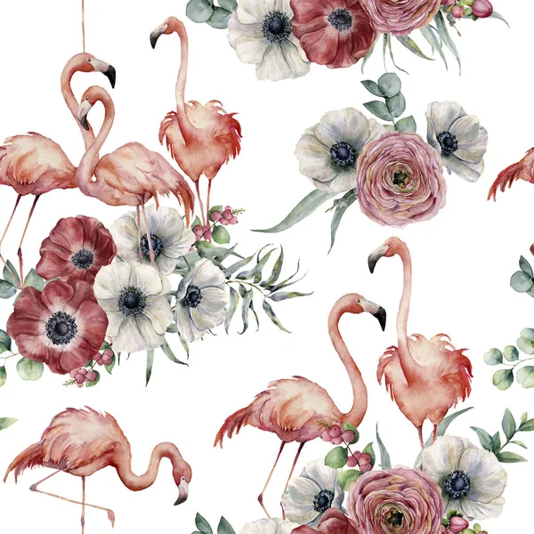 Flamingo aquarela com ranúnculo e anêmona padrão sem costura. Aves exóticas pintadas à mão com folhas de eucalipto isoladas sobre fundo branco. Ilustração da vida selvagem para design ou fundo . — Fotografia de Stock