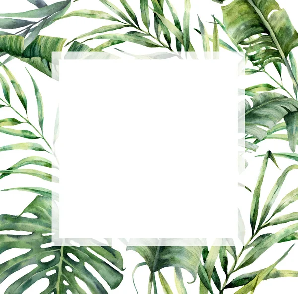 Watercolor tropical frame with exotic palm leaves. Hand painted floral illustration with banana, coconut and monstera branch isolated on white background for design, fabric or print.