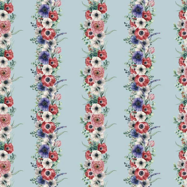 Watercolor vertical floral seamless pattern. Hand painted bouquet with red, white, blue anemone, ranunculus, succulent, eucalyptus leaves, berries, tulip, lavender isolated on blue background. — Stock Photo, Image