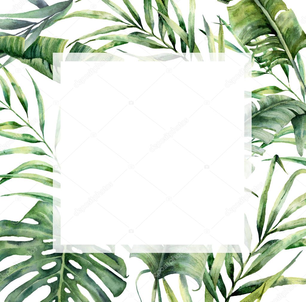 Watercolor tropical frame with exotic palm leaves. Hand painted floral illustration with banana, coconut and monstera branch isolated on white background for design, fabric or print.