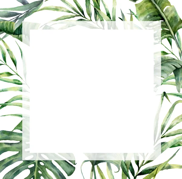 Acuarela tropical marco grande con hojas de palma exóticas. Ilustración floral pintada a mano con rama de plátano, coco y monstera aislada sobre fondo blanco para diseño, tela o estampado . —  Fotos de Stock