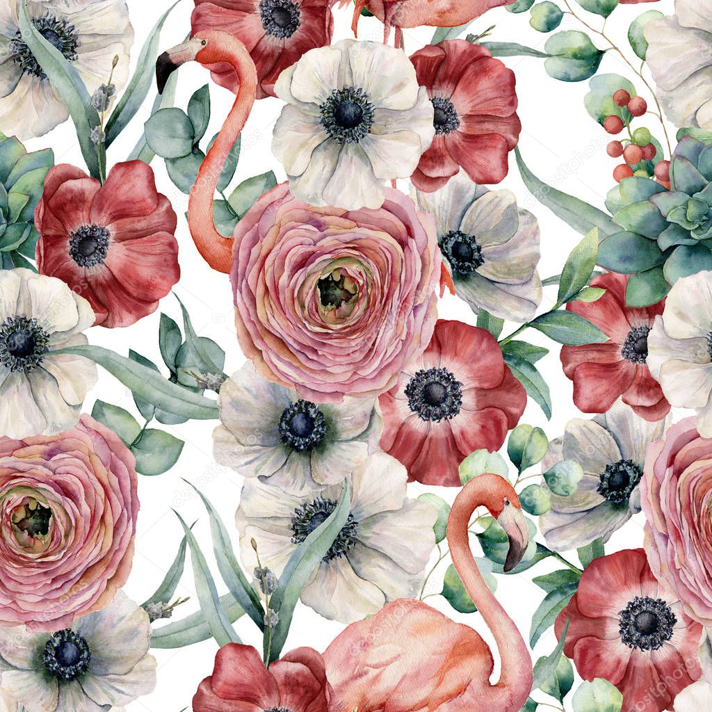 Watercolor seamless pattern with flowers and flamingo. Hand painted red and white anemone, ranunculus, eucalyptus leaves isolated on white background. Botanical print for design or print.