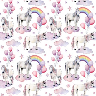 Tek boynuzlu atlar ve rainbow ile suluboya seamless modeli. El sihirli atları, bulutlar, yıldız ve beyaz arka plan üzerinde izole hava ballon boyalı. Sevimli Duvar kağıdı tasarım, yazdırma veya arka plan.