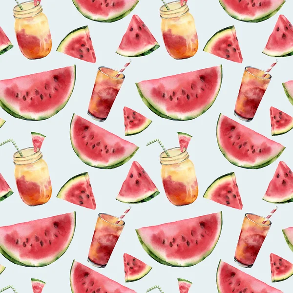 Akvarell vattenmelon och cocktail sömlösa mönster. Hand målade vattenmelon skiva med fruktsallad isolerad på pastell blå bakgrund. Söta dessert. Mat illustration för design, print eller tyg. — Stockfoto