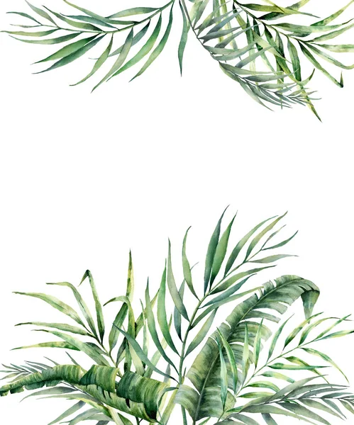 Akvarelu tropické kartu s exotickými palmami listy. Ručně malované květinové ilustrace s banány a kokosové větev izolovaných na bílém pozadí. Pro design, tkaniny nebo tisk. — Stock fotografie