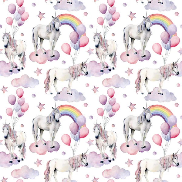 Watercolor seamless pattern with unicorns and rainbow. Hand painted magic horses, clouds, stars and air ballon isolated on white background. Cute wallpaper for design, print or background.
