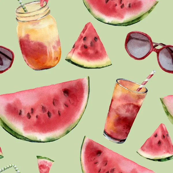 Akvarell vattenmelon, solglasögon och cocktail stora sömlösa mönster. Hand målade vattenmelon skiva med fruktsallad isolerad på Pastell grön bakgrund. Mat illustration för design, print eller tyg. — Stockfoto