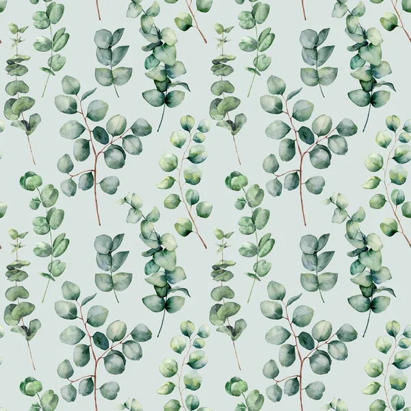 Watercolor seamless pattern with eucalyptus round leaves. Hand painted baby, silver dollar eucalyptus branch isolated on blue background. Floral illustration for design, print, fabric or background. — Stock Photo, Image