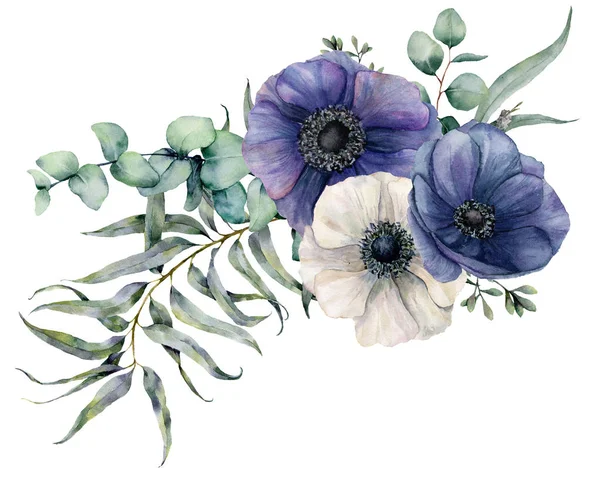 Aquarell eleganter Strauß mit Anemone. handbemalte blaue und weiße Blüten, Eukalyptusblätter und Zweige isoliert auf weißem Hintergrund. Illustration für Design, Stoff, Druck oder Hintergrund. — Stockfoto