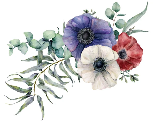 Suluboya anemone asimetrik buket. Kırmızı, mavi ve beyaz çiçekler, Okaliptüs yaprakları ve beyaz arka plan üzerinde izole şube el boyalı. Gösterim amacıyla tasarım, kumaş, Yazdır veya arka plan. — Stok fotoğraf