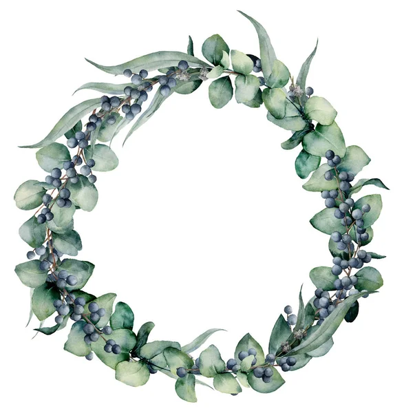 Watercolor floral wreath with different eucalyptus leaves and berries. Hand painted wreath with baby blue, siver dollar eucalyptus isolated on white background. Floral illustration for design. — Stock Photo, Image