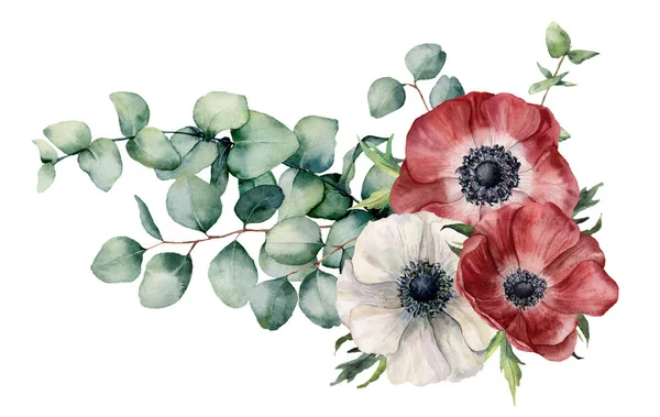 Suluboya asimetrik buket anemone ve okaliptüs. Kırmızı ve beyaz çiçekler, Okaliptüs yaprakları ve beyaz arka plan üzerinde izole şube el boyalı. Gösterim amacıyla tasarım, yazdırma veya arka plan. — Stok fotoğraf