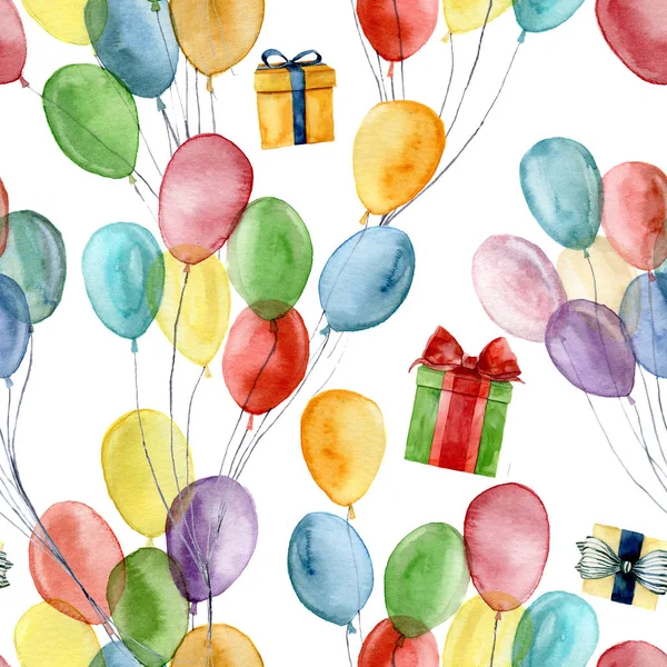 Aquarellmuster mit Geschenkschachteln und hellen Luftballons. handgemalte Illustration mit bunten Luftballons und Geschenken isoliert auf weißem Hintergrund. für Design, Druck, Stoff oder Hintergrund. — Stockfoto