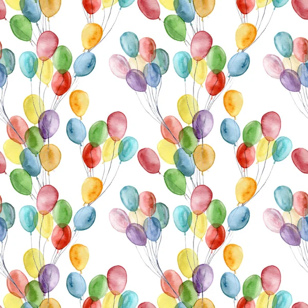 Acuarela globos de aire brillante patrón sin costuras. Ilustración pintada a mano con globos de aire de colores aislados sobre fondo blanco. Para diseño, impresión, tela o fondo . —  Fotos de Stock