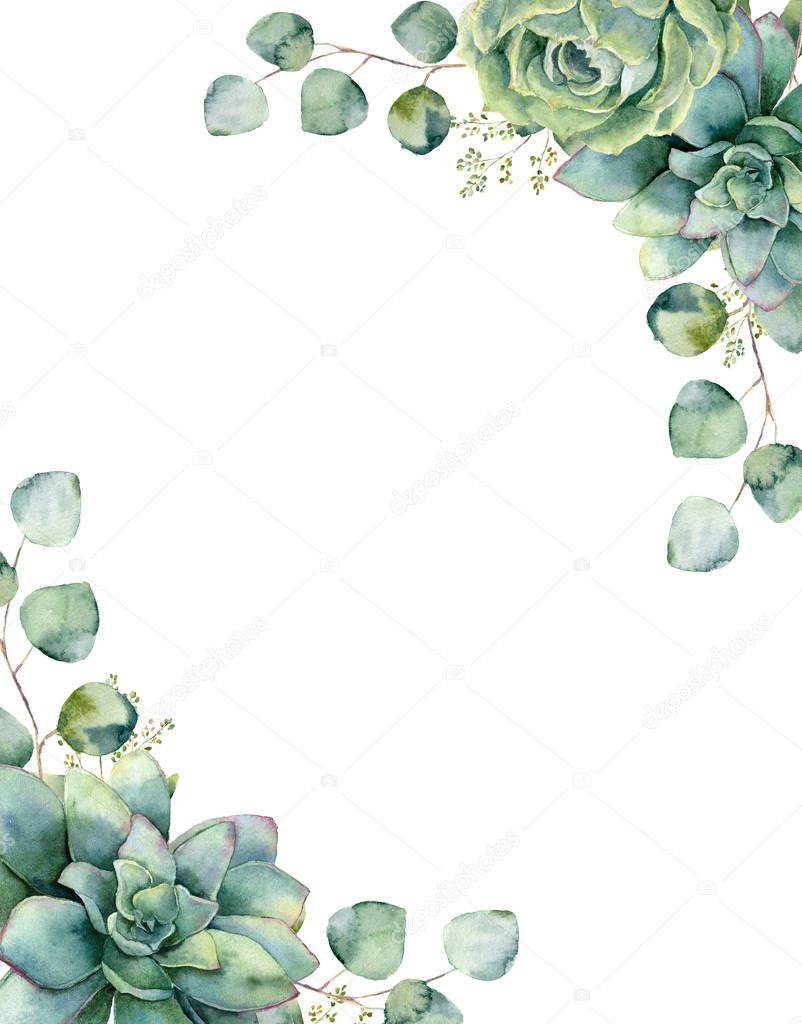 Watercolor card with exotic bouquet. Hand painted eucalyptus branch and leaves, green succulents isolated on white background. Floral botanical illustration for design, print or background.
