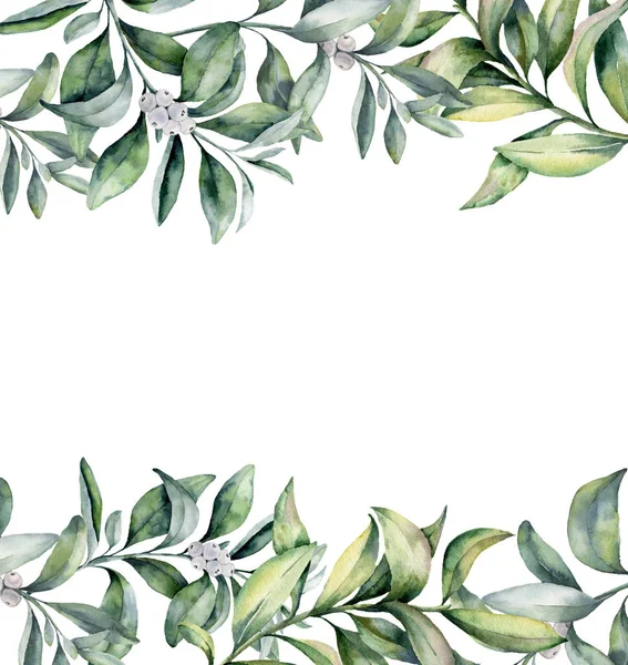 Akvarelu karta s eucalyptus listy a větvemi. Ručně malované eukalyptus větev, bílé bobule izolovaných na bílém pozadí. Květinové Botanická ilustrace pro design, tisk nebo pozadí. — Stock fotografie