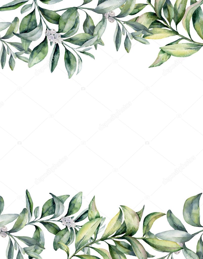 Watercolor card with eucalyptus leaves and white berries. Hand painted eucalyptus branch, berries isolated on white background. Floral botanical illustration for design.