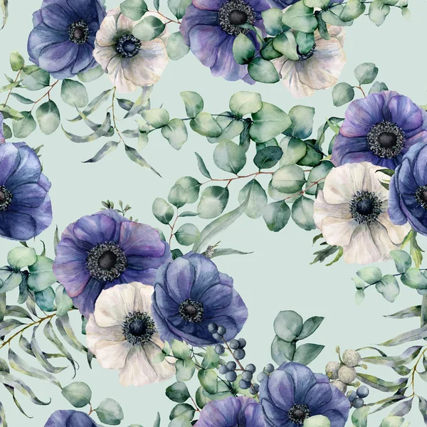 Padrão sem costura aquarela com folhas de eucalipto, anêmona azul e branca. Flores pintadas à mão, brunch verde em fundo pastel azul. Ilustração botânica floral para design, tecido, fundo . — Fotografia de Stock