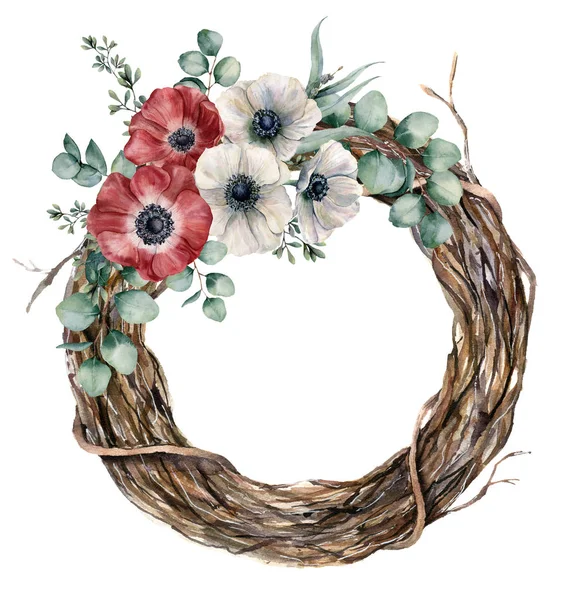 Watercolor tree wreath with anemone and eucalyptus. Hand painted red and white flowers, green eucalyptus leaves on white background. Illustration for design, fabric or background. — Stock Photo, Image