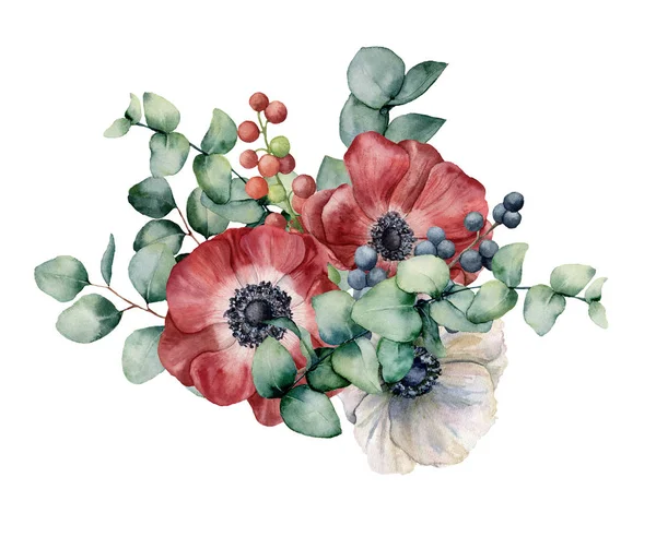 Aquarellstrauß mit Anemonen, Eukalyptus und Beeren. Hand bemalte rote und weiße Blüten, grüne Blätter, Beeren, Zweig isoliert auf weißem Hintergrund. Illustration für Design, Druck oder Hintergrund. — Stockfoto