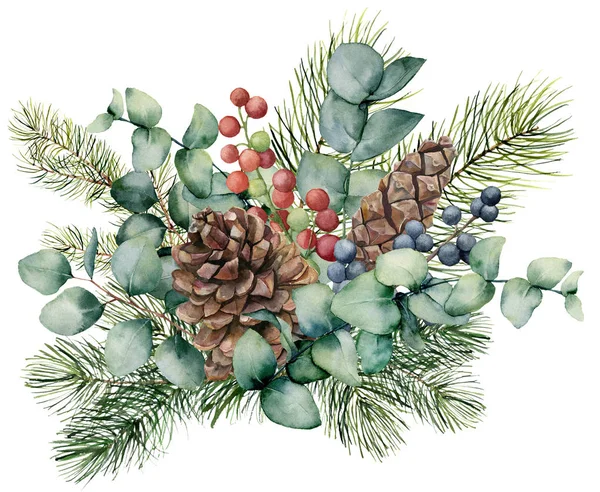 Akvarelu kytice s eucalyptus listy, kuželový, jedle větev a bobule. Ručně malované zelené pozdní snídaně, červené a modré bobule izolovaných na bílém pozadí. Ilustrace pro design, tisk nebo pozadí. — Stock fotografie