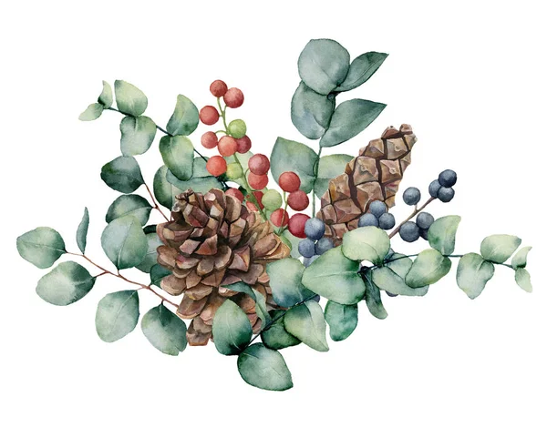 Akvarell bukett med eucalyptus blad, bär och kon. Handmålade grön eucalyptus brunch, röda och blå bär isolerad på vit bakgrund. Illustration för design, skriva ut eller bakgrund. — Stockfoto