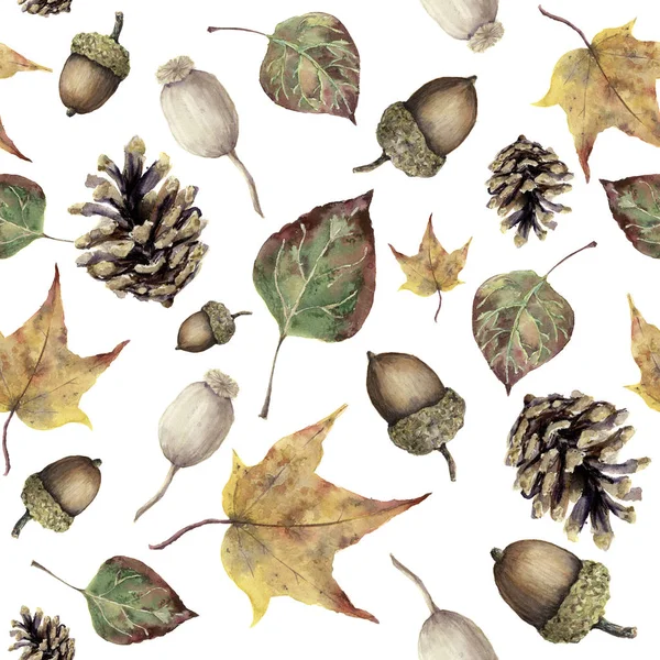 Watercolor autumn forest seamless pattern. Hand painted pine cone, acorn, berry and yellow and green fall leaves ornament isolated on white background. Botanical illustration for design, print, fabric — Stock Photo, Image