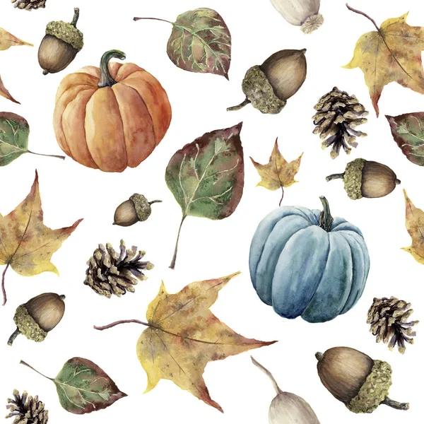 水彩秋季无缝图案。手绘的松树锥, 橡子, 浆果, 黄色和绿色的秋天叶子和南瓜饰品被隔离在白色的背景。设计, 织物的植物学插图 — 图库照片