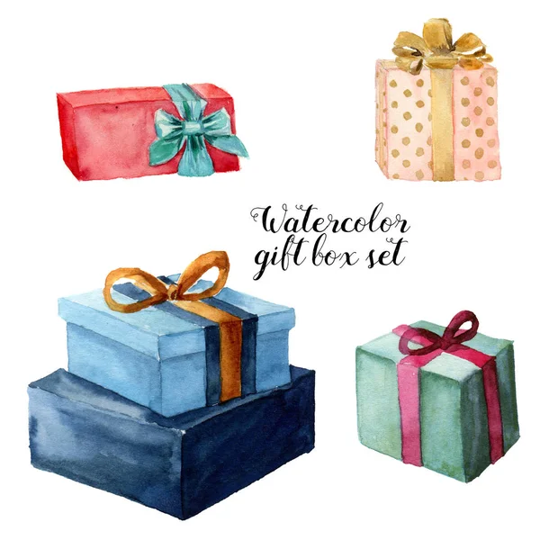 Yay ile suluboya Hediyelik kutu seti. El illüstrasyon izole beyaz zemin üzerine boyalı. Parti veya doğum günü dekor